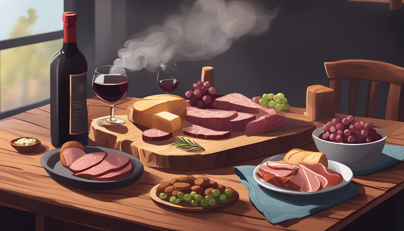 A rustic wooden table set with a charcuterie board, smoked meats, and a bottle of red wine. Smoke wafts through the air, creating a cozy, inviting atmosphere