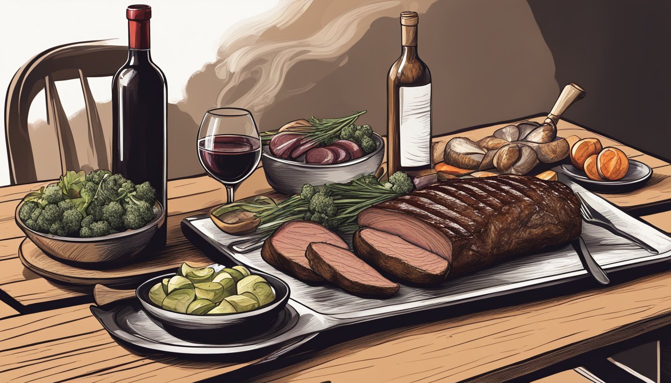 A rustic wooden table set with a charred grill, a bottle of red wine, and a platter of smoked meats and vegetables