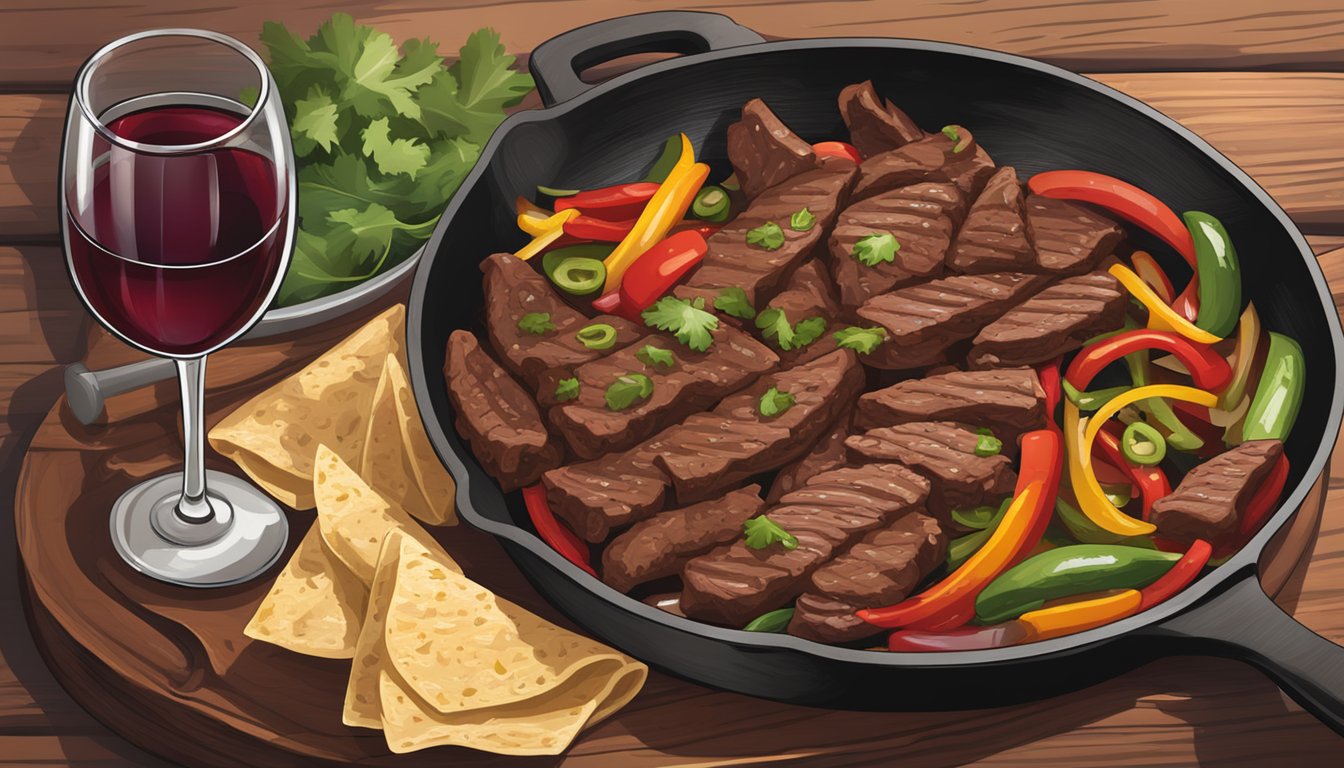 A sizzling skillet of beef fajitas paired with a glass of red wine on a rustic wooden table