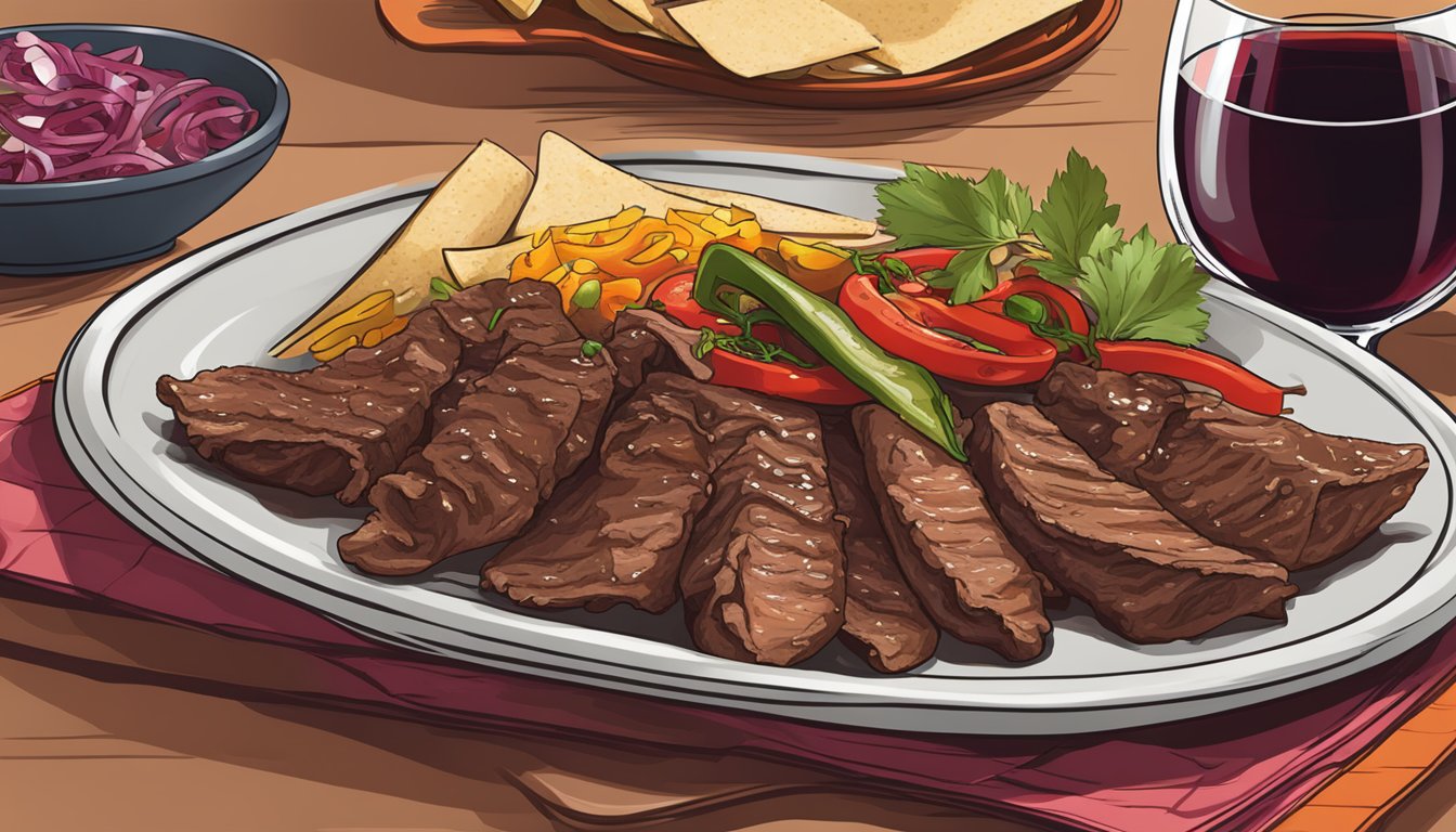 A sizzling plate of beef fajitas with a glass of rich, velvety red wine on the side