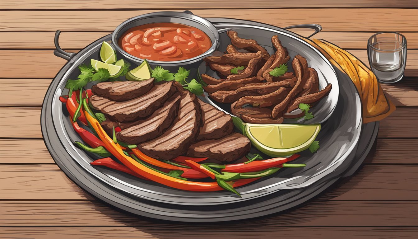 A sizzling plate of beef fajitas alongside a glass of white or rosé wine on a rustic table