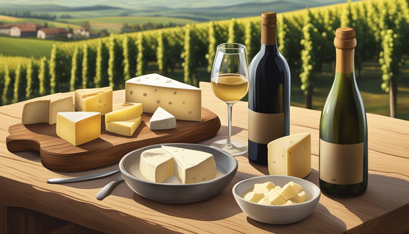 A rustic wooden table with a spread of various cow's milk cheeses and accompanying wine bottles, set against a backdrop of vineyards and rolling hills