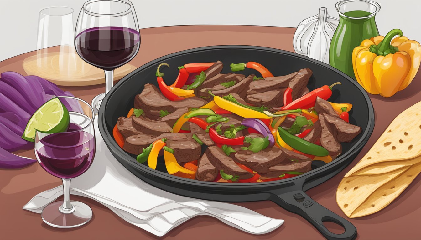 A sizzling plate of beef fajitas with colorful peppers and onions, accompanied by a glass of red wine