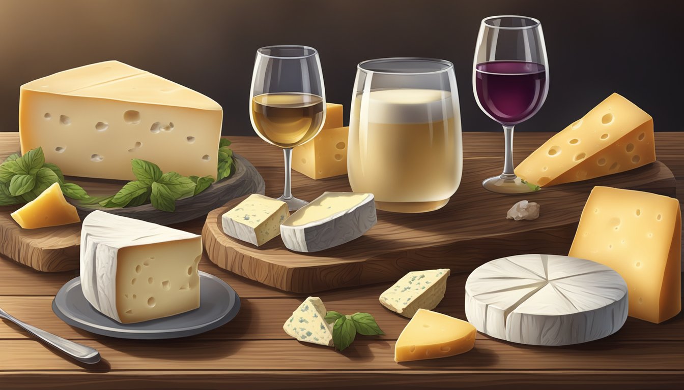 A rustic wooden table set with a variety of soft cow's milk cheeses and accompanying wine glasses