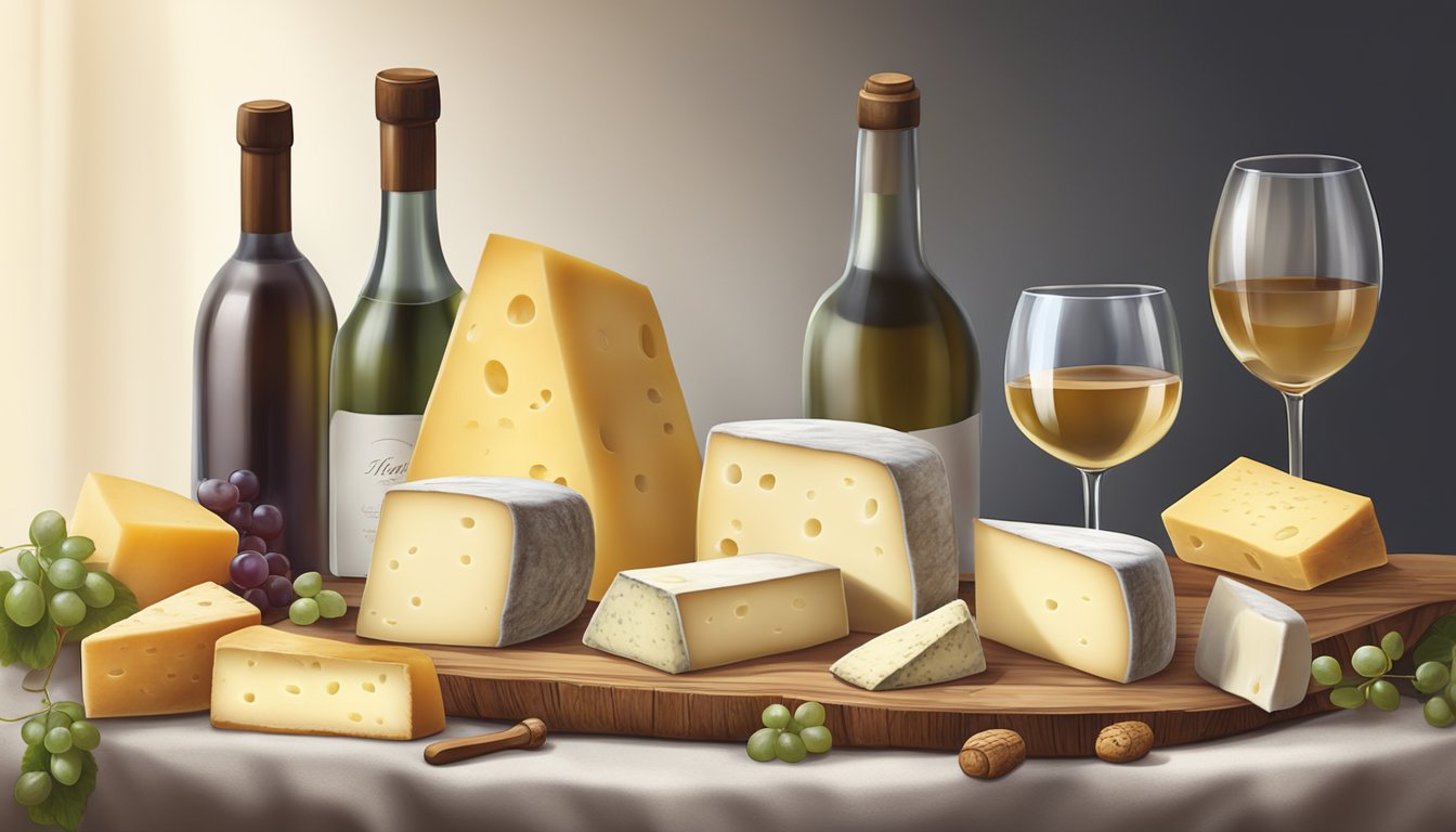 A rustic wooden table set with a variety of semi-hard and hard cow's milk cheeses, accompanied by a selection of different wines in elegant glassware