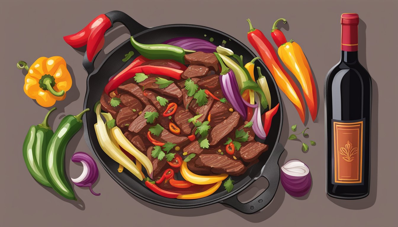 A sizzling skillet of beef fajitas surrounded by colorful peppers and onions, paired with a bottle of rich red wine