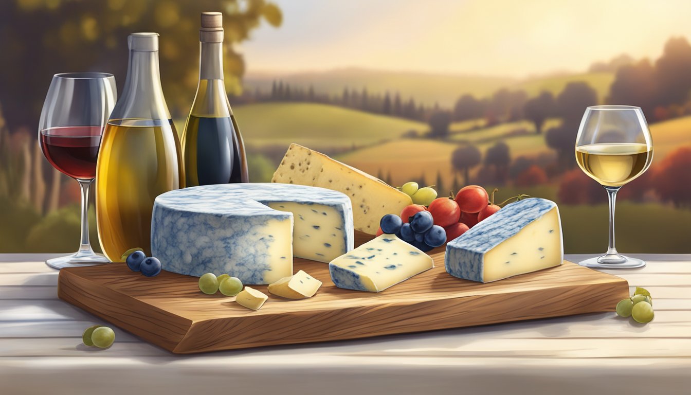 A rustic wooden table set with a variety of aged and blue cow's milk cheeses, accompanied by a selection of red and white wines in elegant glassware