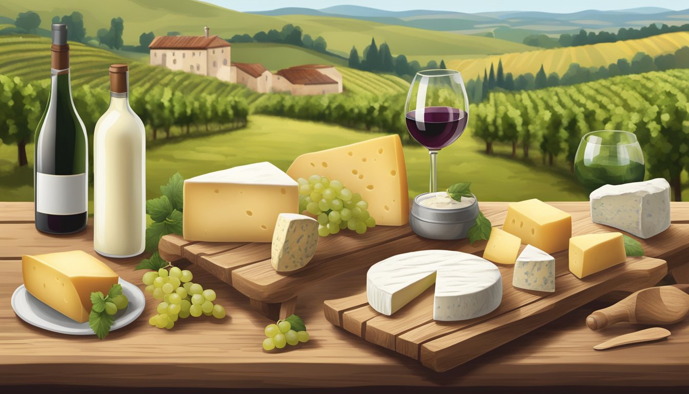 A rustic wooden table with a variety of cow's milk cheeses and accompanying wine bottles, set against a backdrop of vineyards and rolling hills