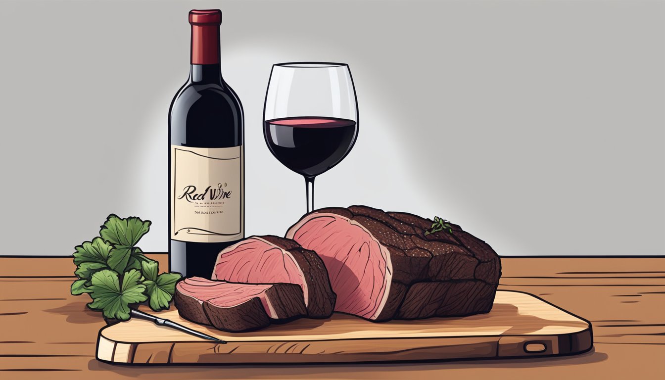 A bottle of red wine next to a perfectly cooked beef tenderloin on a wooden cutting board. A wine glass and a corkscrew are nearby