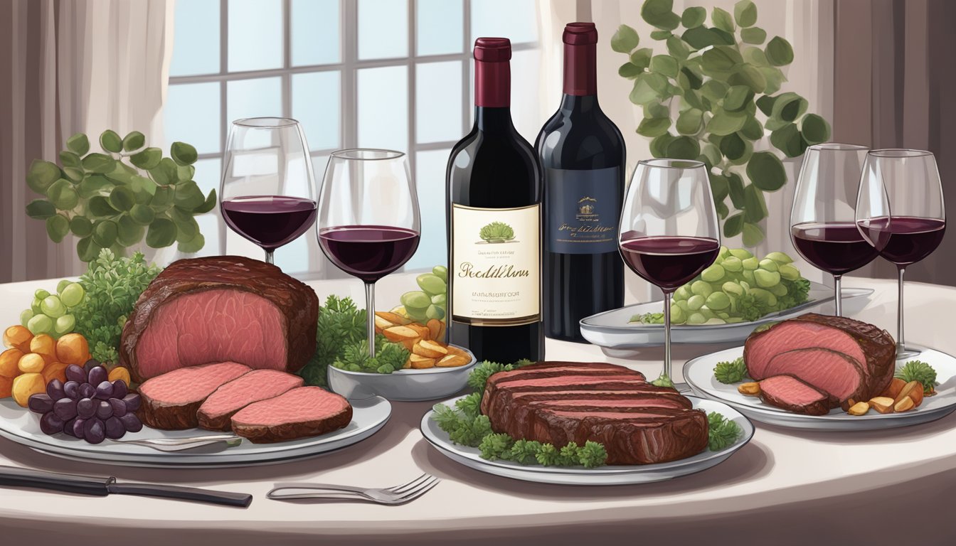 A table set with a succulent beef tenderloin, accompanied by a bottle of rich red wine and an assortment of wine glasses