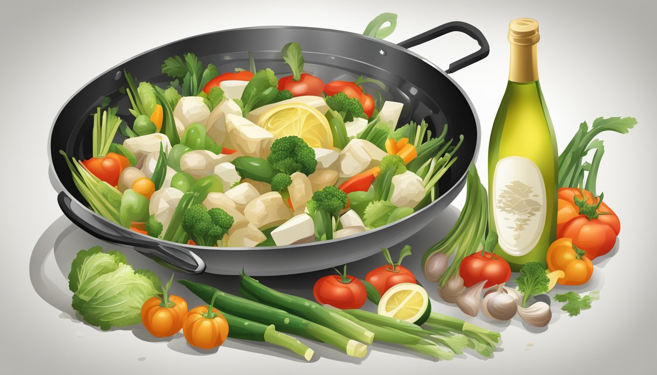 A bottle of white wine surrounded by fresh vegetables and a sizzling stir fry in a wok