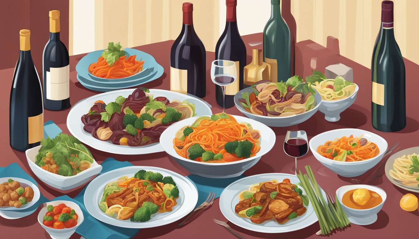 A table set with a colorful array of stir-fried dishes alongside a selection of red wine bottles