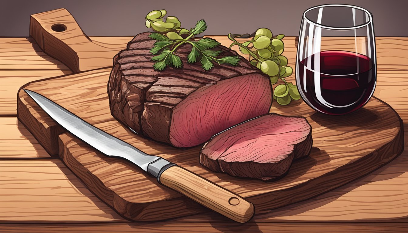 A bottle of red wine next to a perfectly cooked beef tenderloin on a wooden cutting board