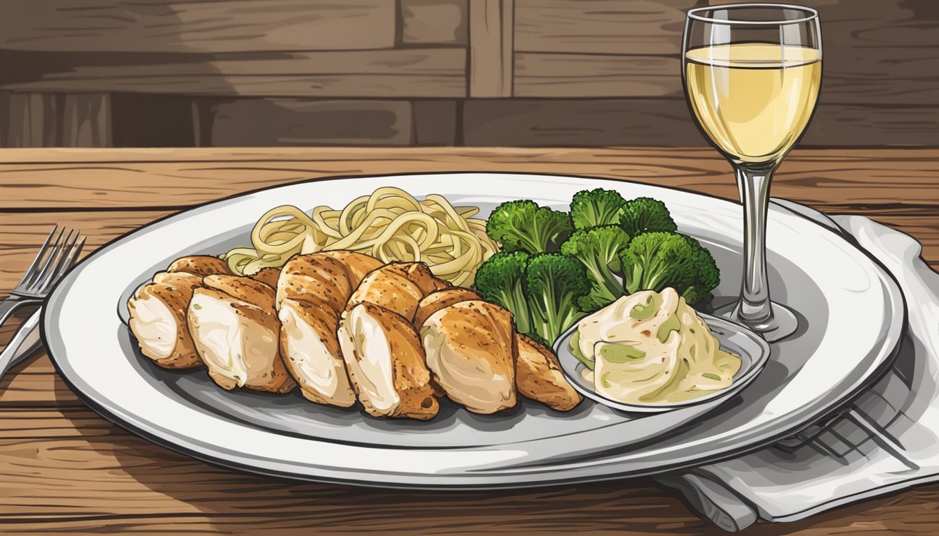 A glass of white wine next to a plate of chicken alfredo with a side of vegetables on a rustic wooden table