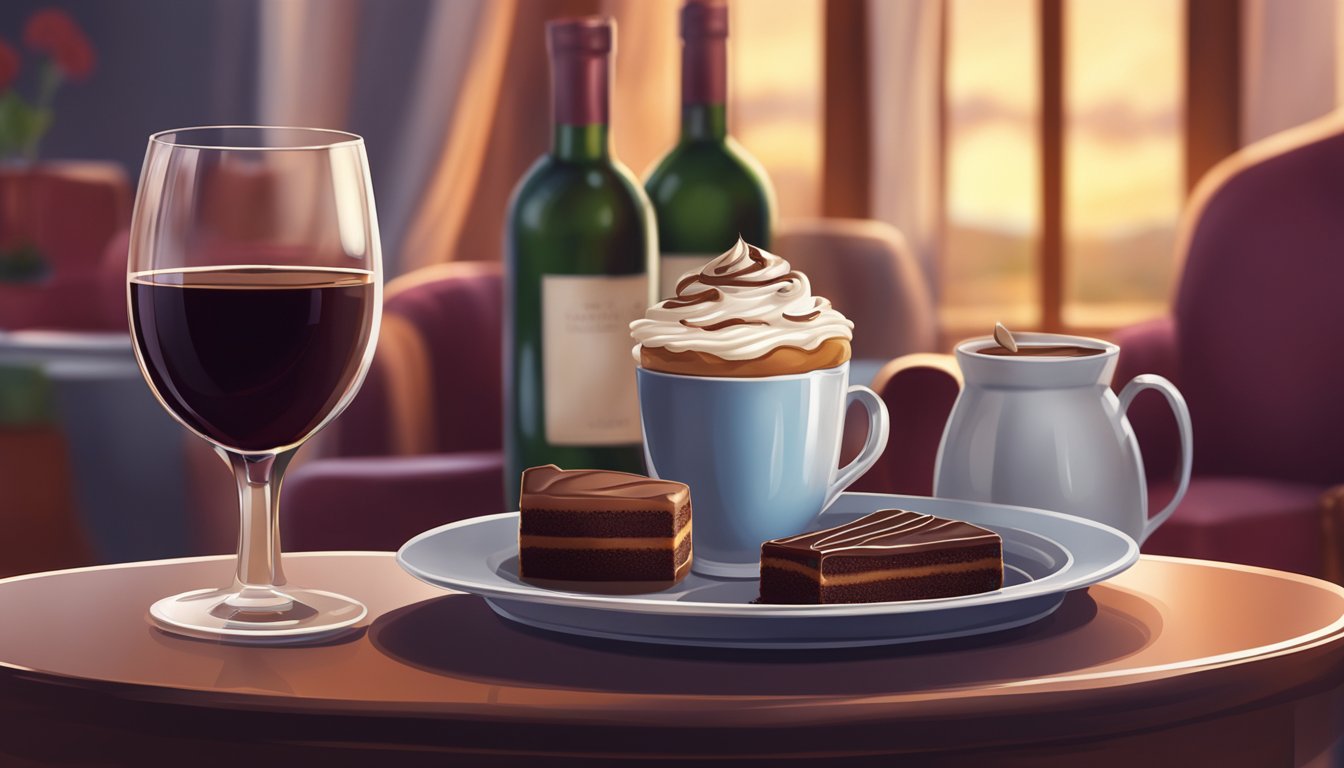 A rich, dark coffee-flavored dessert sits next to a glass of deep red wine, with a cozy setting in the background