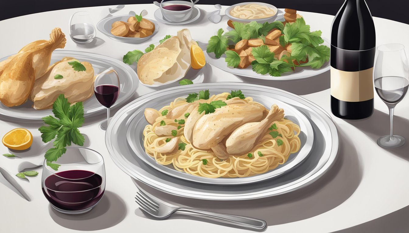 A table set with a steaming plate of chicken alfredo and a selection of red wine bottles