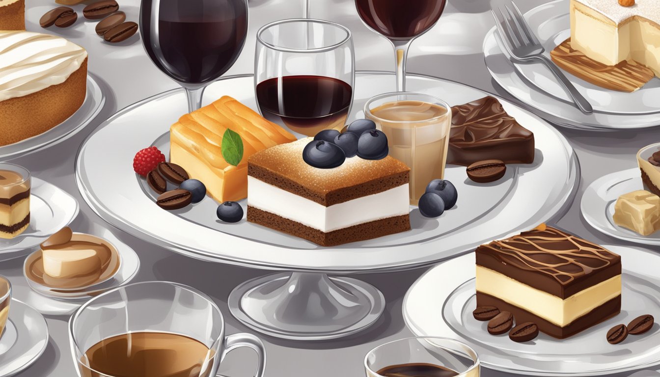 A table set with a variety of coffee-flavored desserts, accompanied by bottles of red and white wine