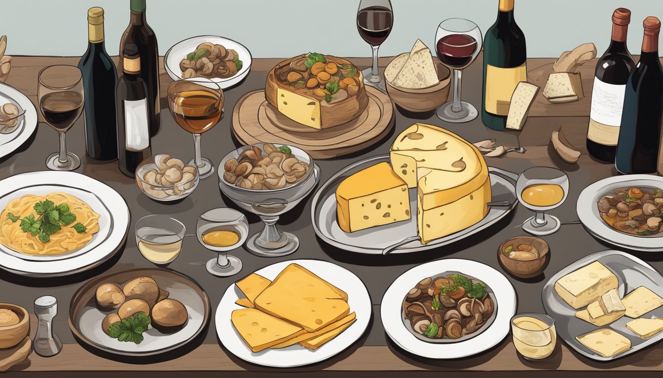 A table set with a variety of umami-rich dishes, including mushrooms, soy sauce, and aged cheese, alongside a selection of wine bottles