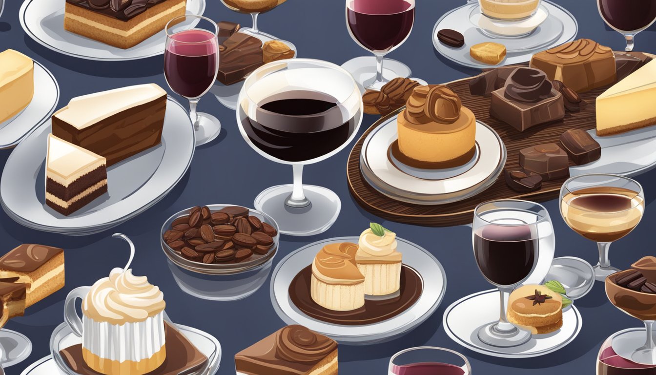 A table set with a variety of coffee-flavored desserts alongside different wine glasses, each filled with a specific wine pairing