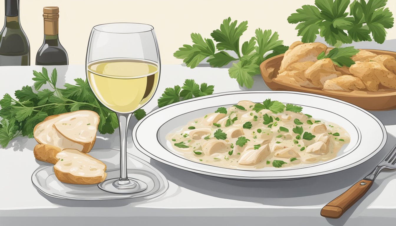 A glass of white wine next to a plate of creamy chicken alfredo with a side of fresh herbs