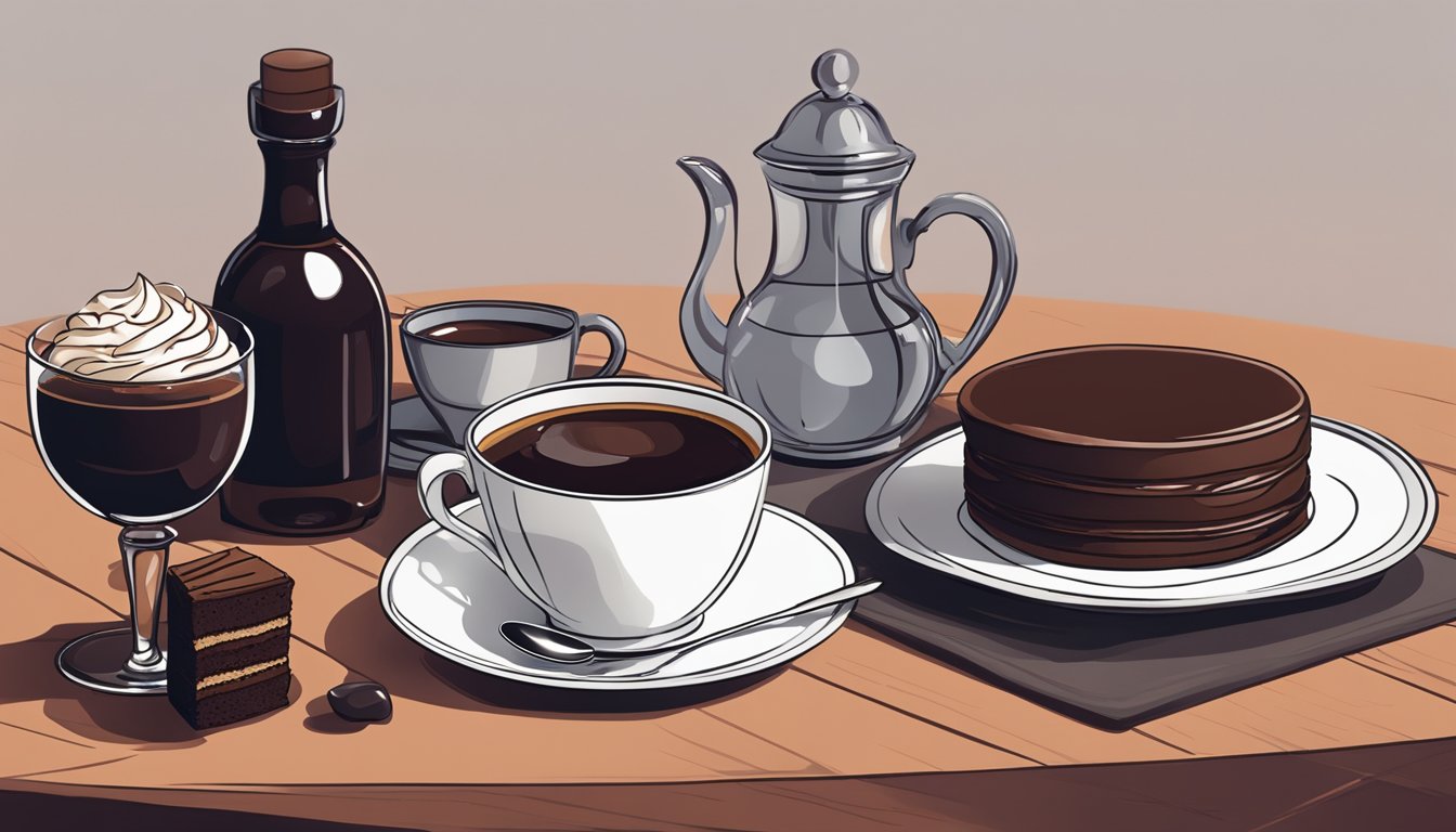 A steaming cup of rich coffee sits next to a decadent chocolate dessert, while a bottle of port wine and a glass of dark red wine are placed nearby