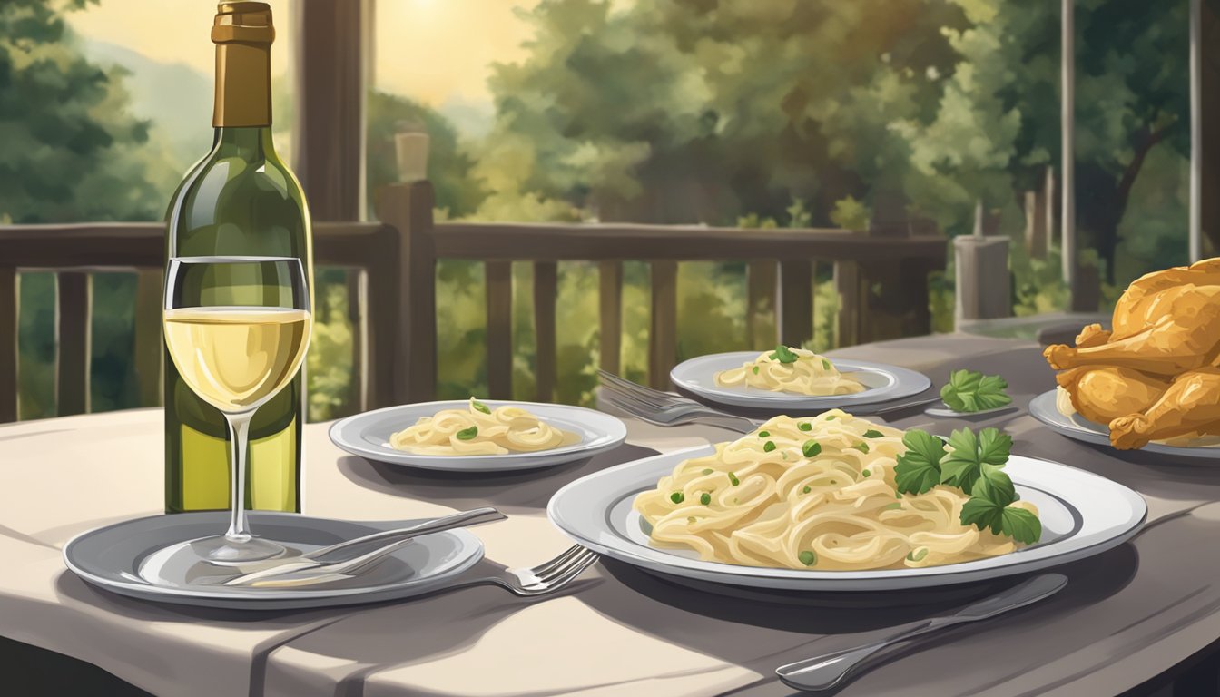 A bottle of white wine and a plate of chicken alfredo on a dining table with a cozy ambiance