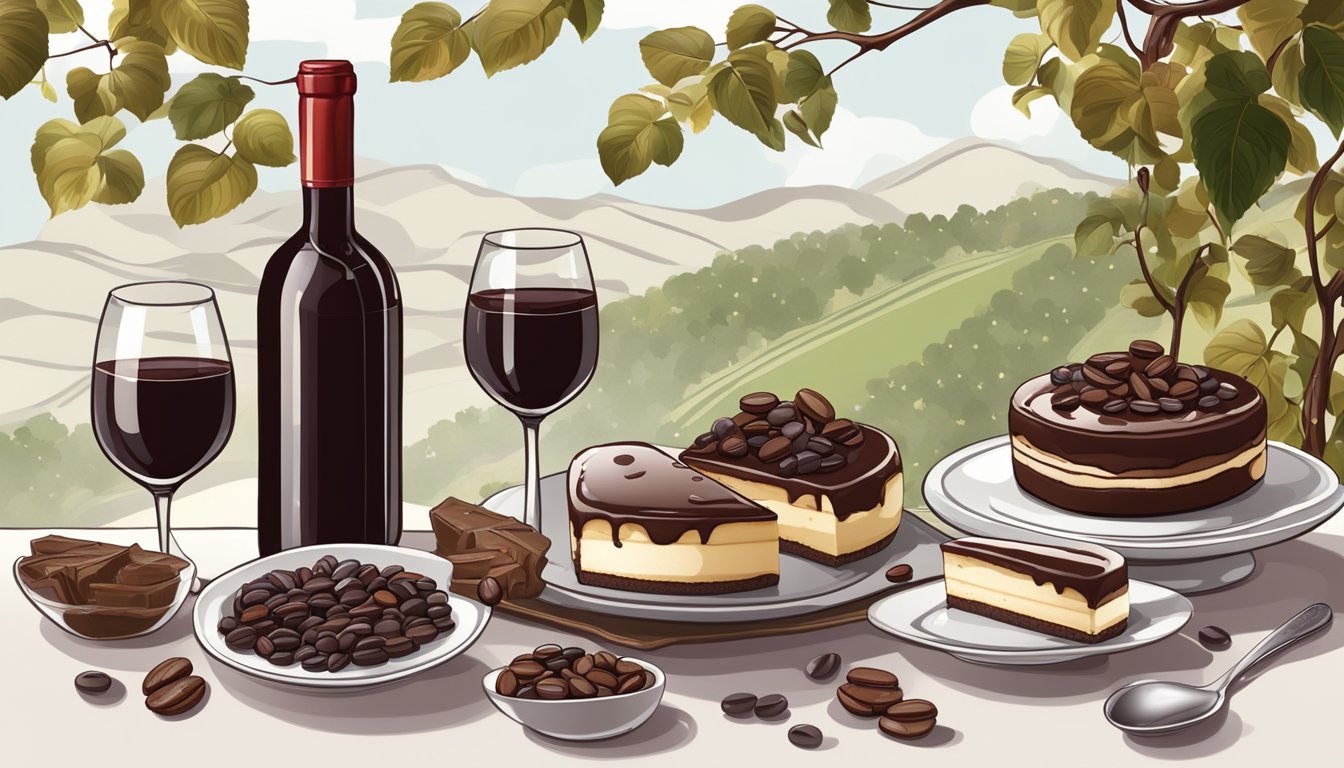 A table set with a rich, chocolatey dessert and a bottle of red wine, with coffee beans and vines in the background