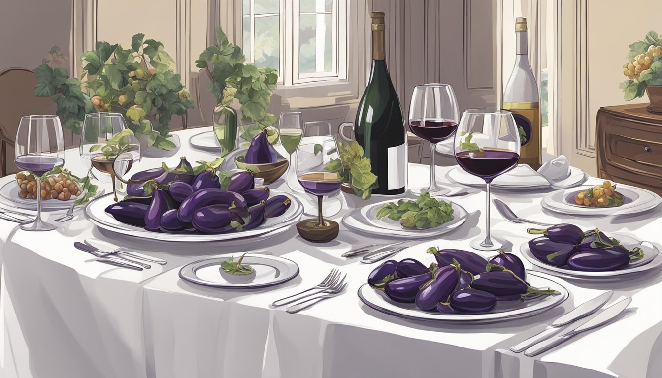 An elegant table set with various eggplant dishes and a selection of wine bottles, with a sommelier expertly pouring a glass to pair with the meal