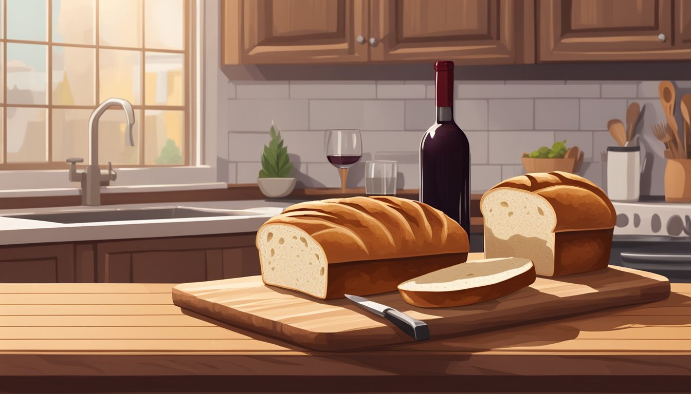 A rustic loaf of bread sits on a wooden cutting board next to a bottle of red wine and a glass, set against a backdrop of a cozy kitchen or dining room