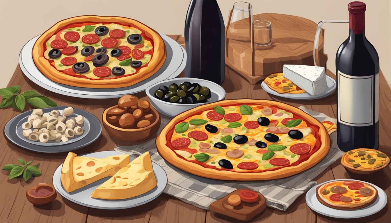 A table set with a variety of pizza toppings including pepperoni, mushrooms, olives, and cheese, alongside a bottle of red wine