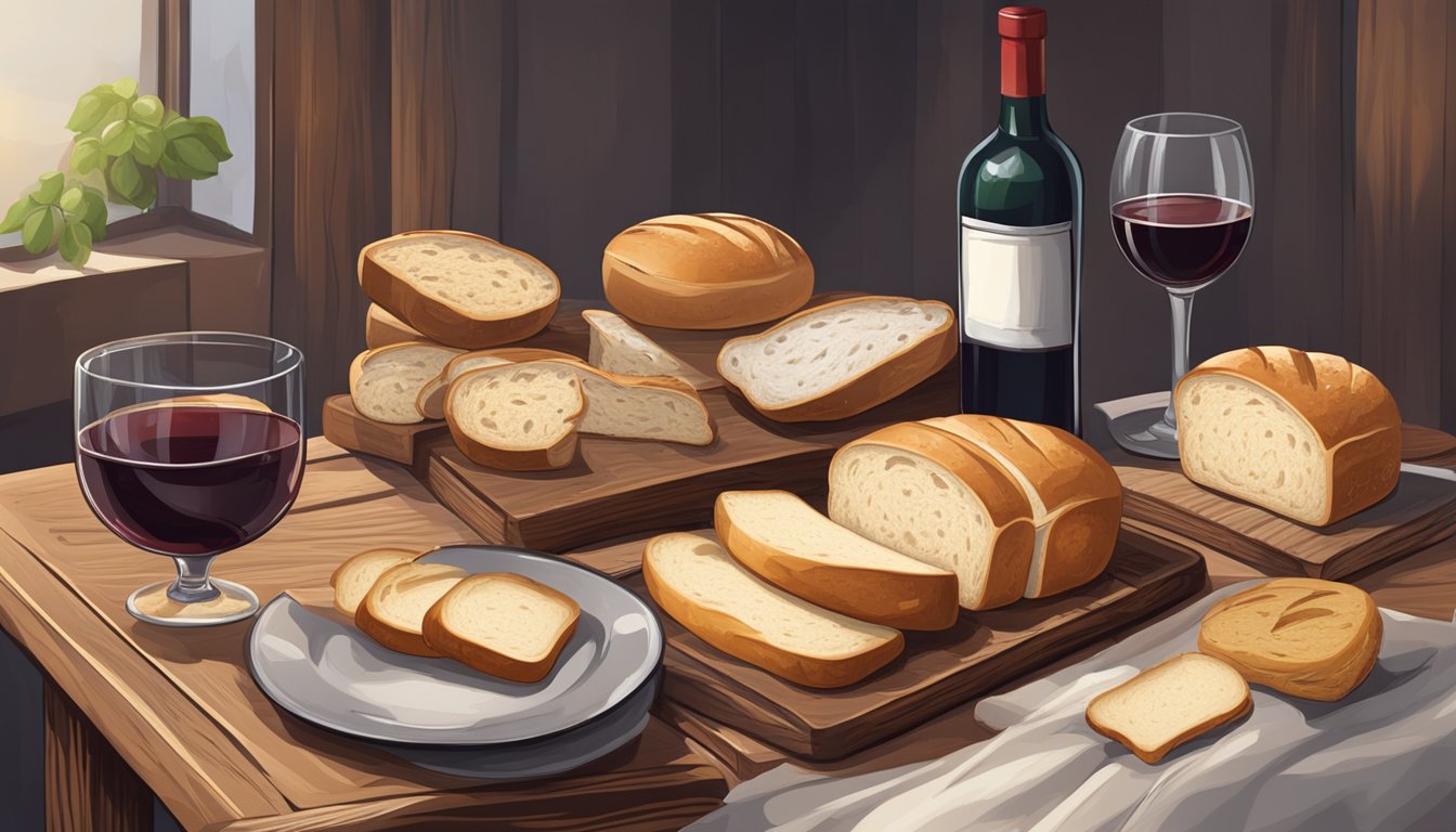 A rustic wooden table with an assortment of white bread varieties, accompanied by a bottle of red wine and a glass