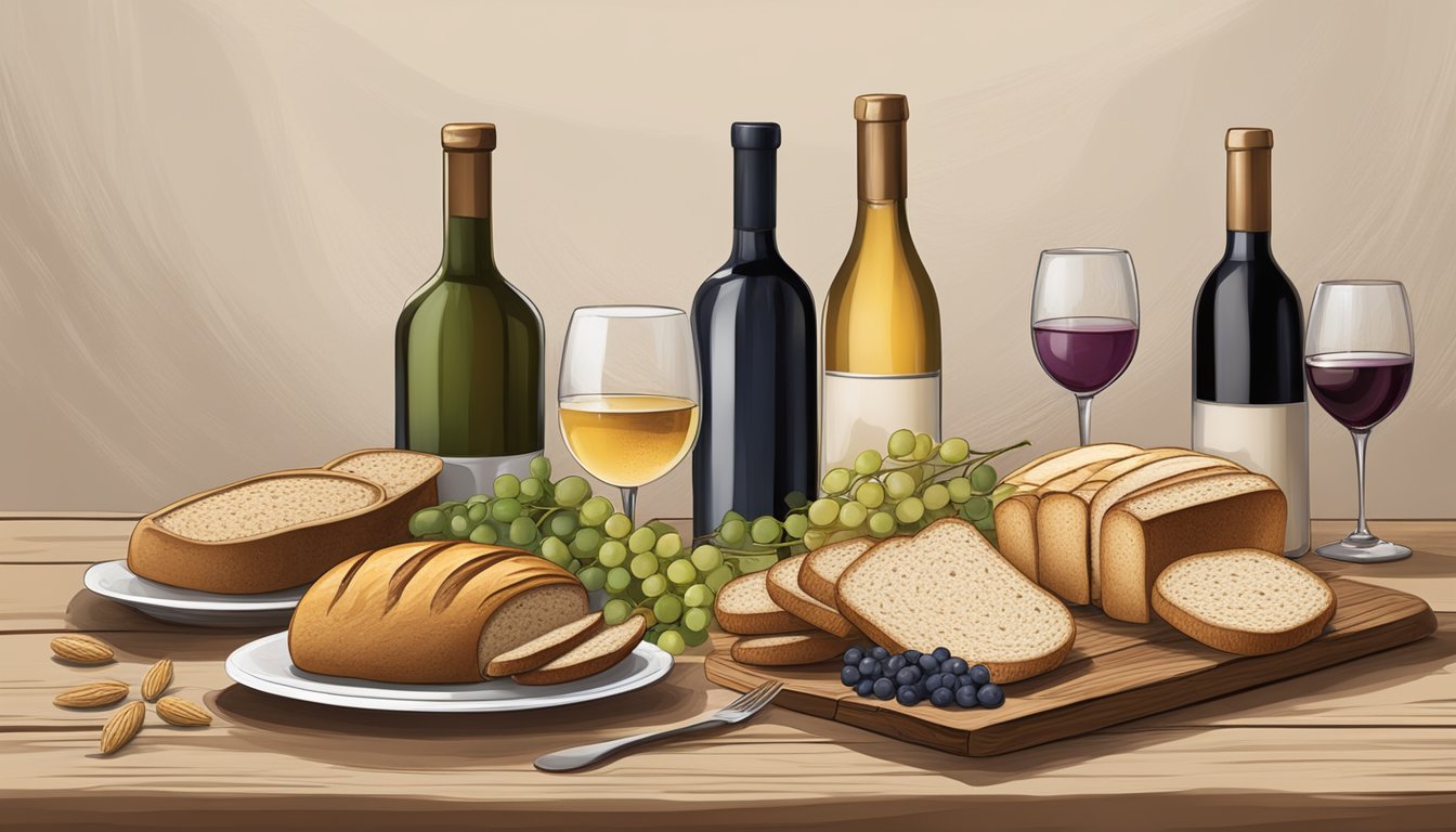 A rustic table set with an assortment of whole grain and dark breads, accompanied by a selection of wine bottles and glasses