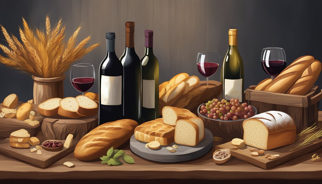 A rustic wooden table adorned with an assortment of specialty breads and a variety of unique wine bottles, creating a picturesque display of wine and bread pairings