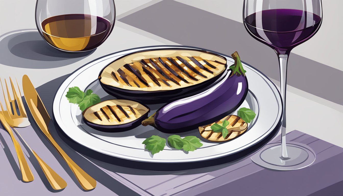 A bottle of wine next to a plate of grilled eggplant, with a variety of wine glasses arranged nearby at different temperatures