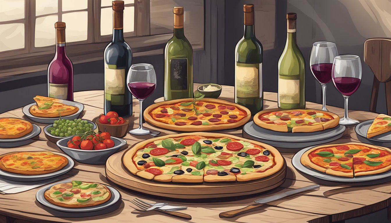 A rustic table set with various pizzas and wine bottles, each labeled with different regional pairings