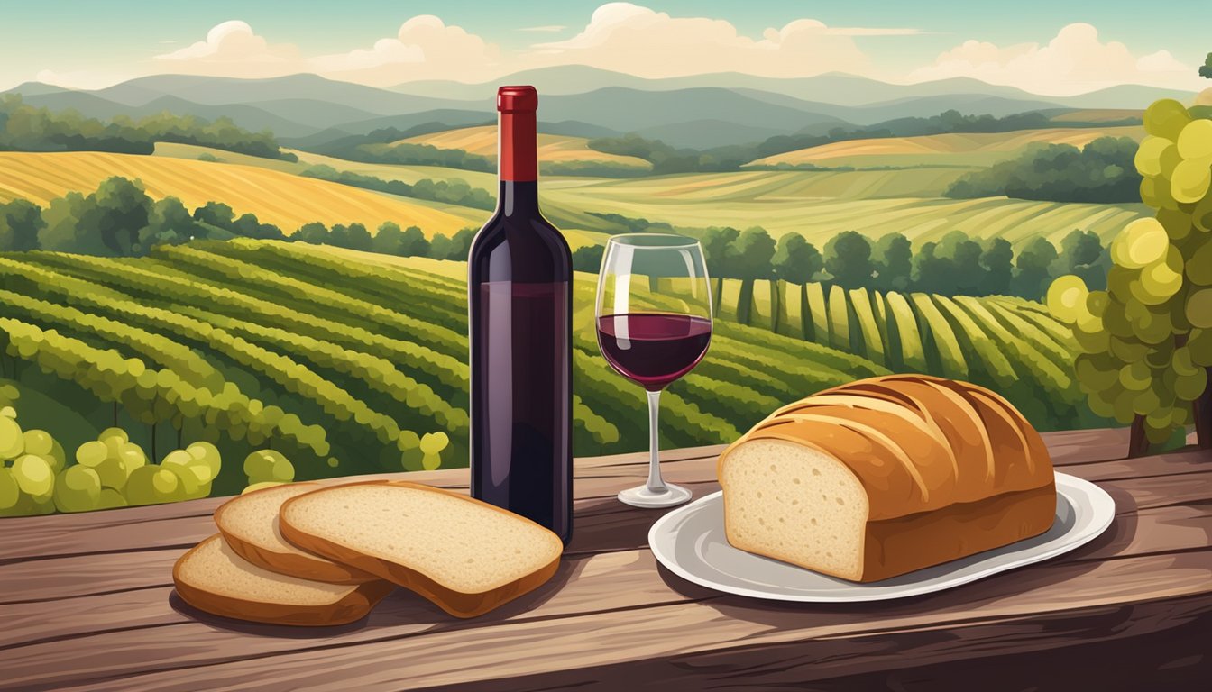 A rustic loaf of bread sits next to a bottle of red wine on a wooden table, surrounded by vineyard scenery