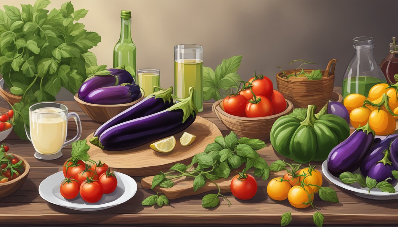 A colorful array of fresh eggplants, tomatoes, herbs, and various non-alcoholic beverages displayed on a rustic wooden table