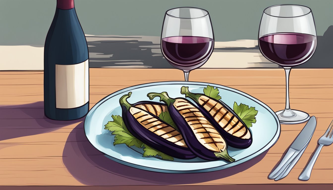 A table set with a plate of grilled eggplant and a glass of red wine