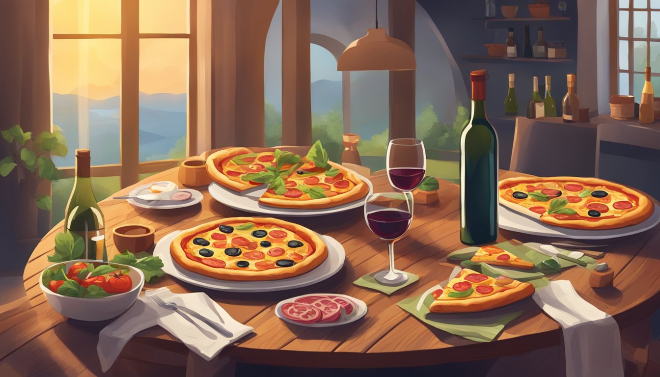 A table set with a variety of pizza slices and wine bottles, with a cozy home setting in the background