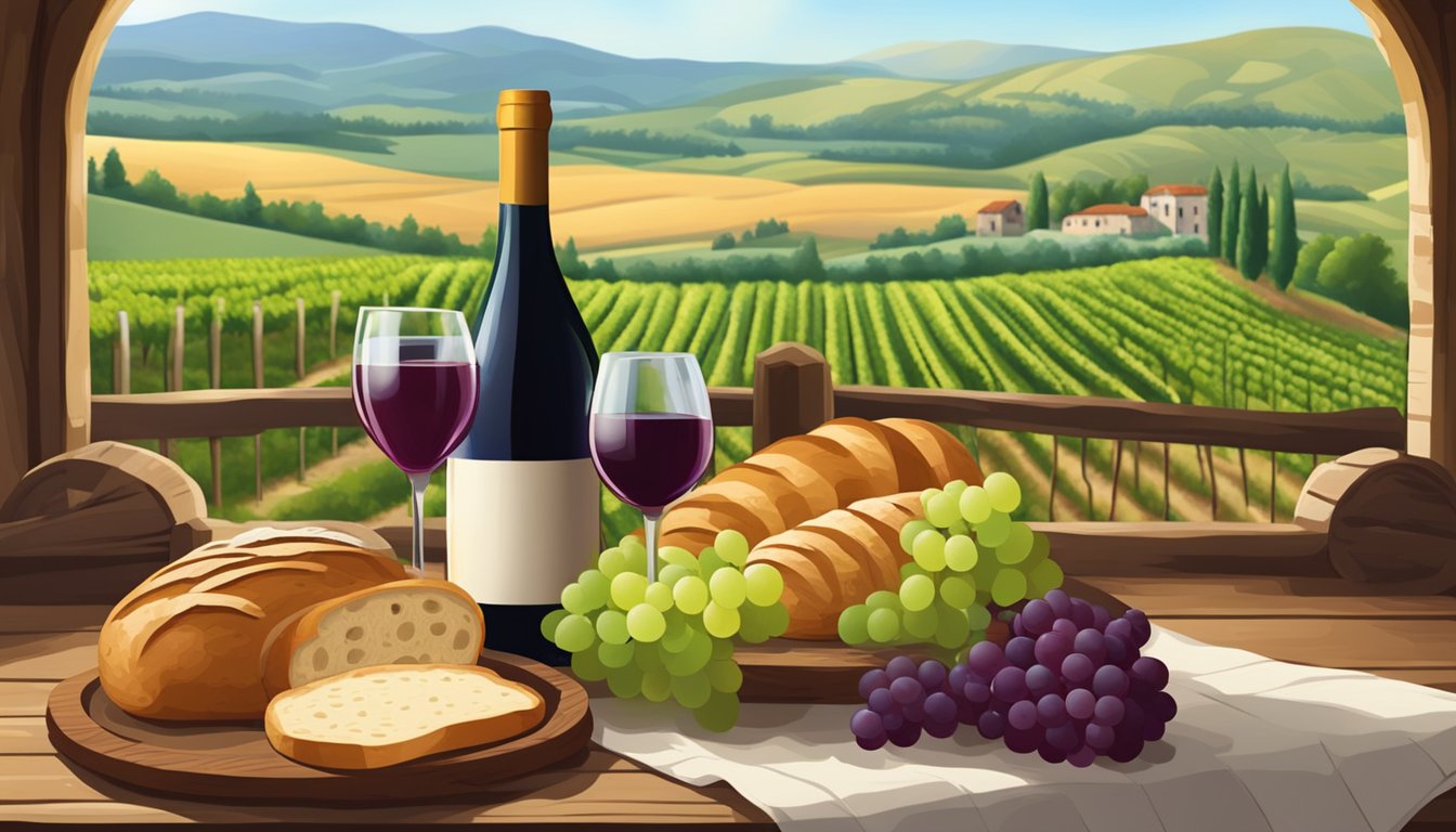 A rustic wooden table with a variety of wines and a fresh loaf of bread, set against a backdrop of vineyards and rolling hills