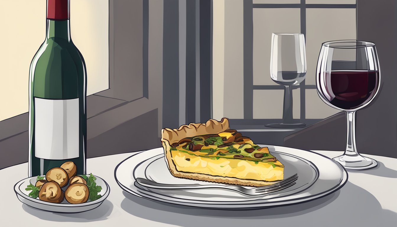 A table set with a slice of mushroom quiche on a plate, accompanied by a glass of red wine