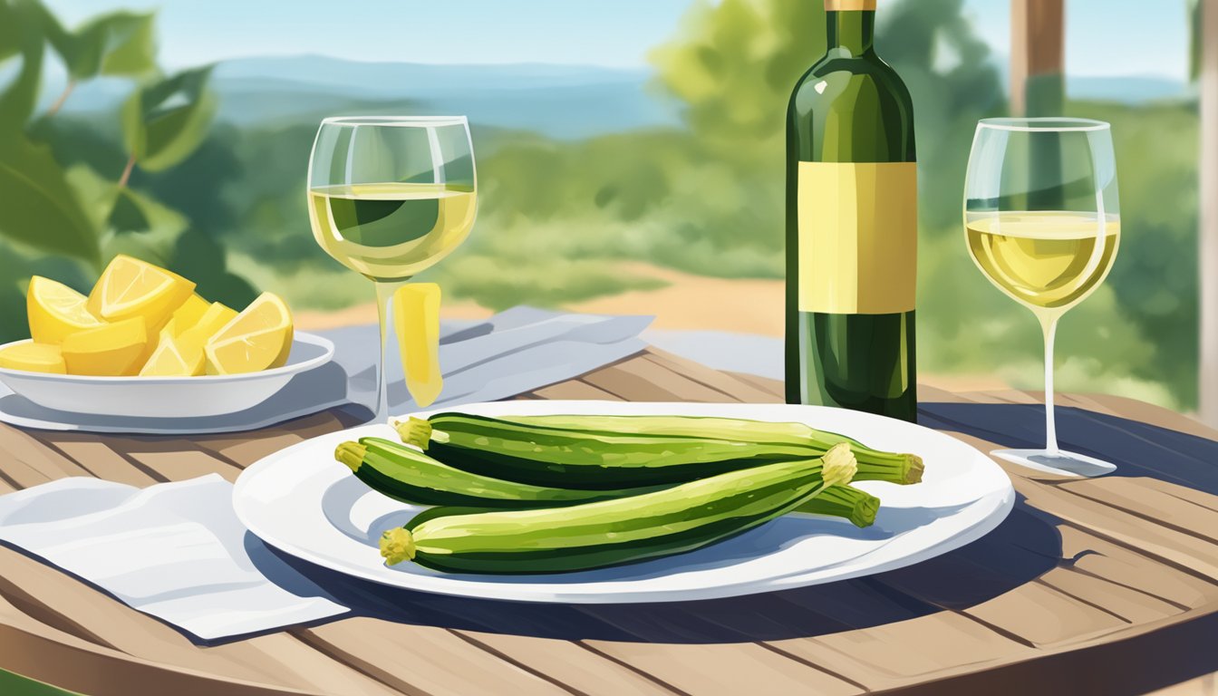 A table set with a plate of grilled zucchini, a glass of white wine, and a bottle of chardonnay on a sunny patio