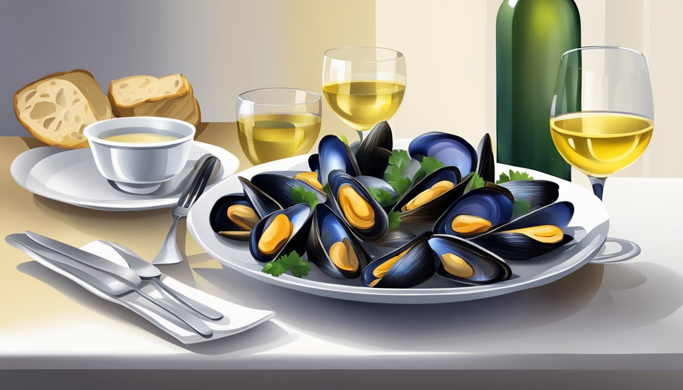 A table set with a bowl of steamed mussels and a bottle of white wine