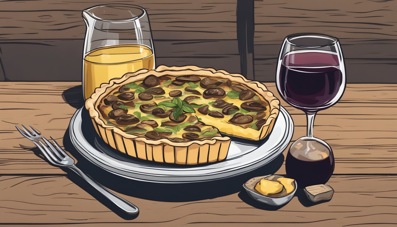 A platter of mushroom quiche with a glass of red wine on a rustic wooden table