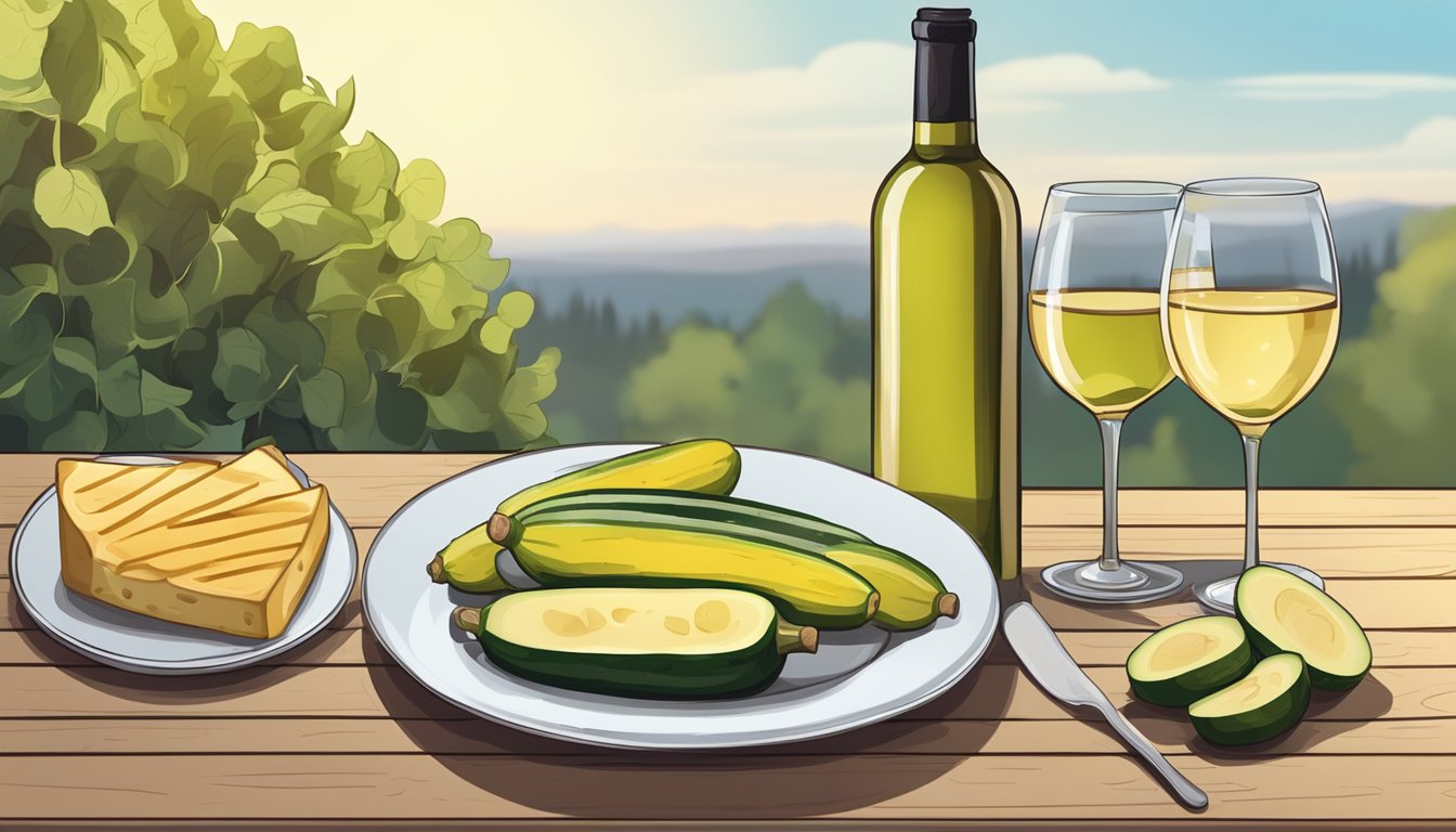 A bottle of white wine next to a plate of grilled zucchini and a cheese platter on a wooden table