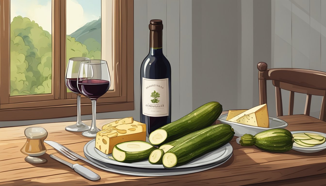 A bottle of red wine next to a plate of grilled zucchini and a cheese platter on a wooden table