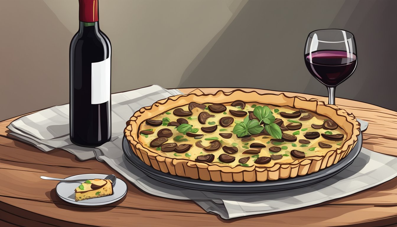 A slice of mushroom quiche next to a bottle of red wine on a wooden table