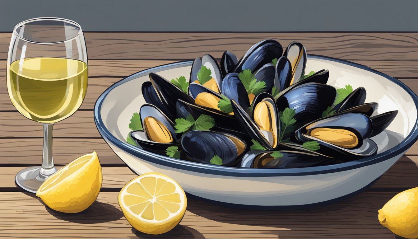 A bottle of white wine next to a bowl of steamed mussels, with lemons and herbs on a wooden table