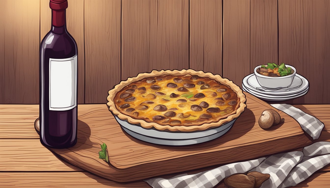 A bottle of red wine next to a freshly baked mushroom quiche on a wooden table