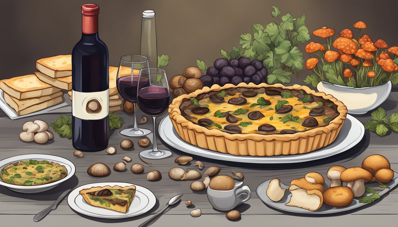 A table set with a mushroom quiche, a bottle of red wine, and various types of mushrooms